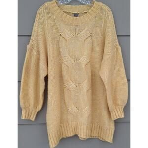 aerie Womens Wool Blend cable Knit Balloon Sleeves Sweater Tunic Spring Yellow L